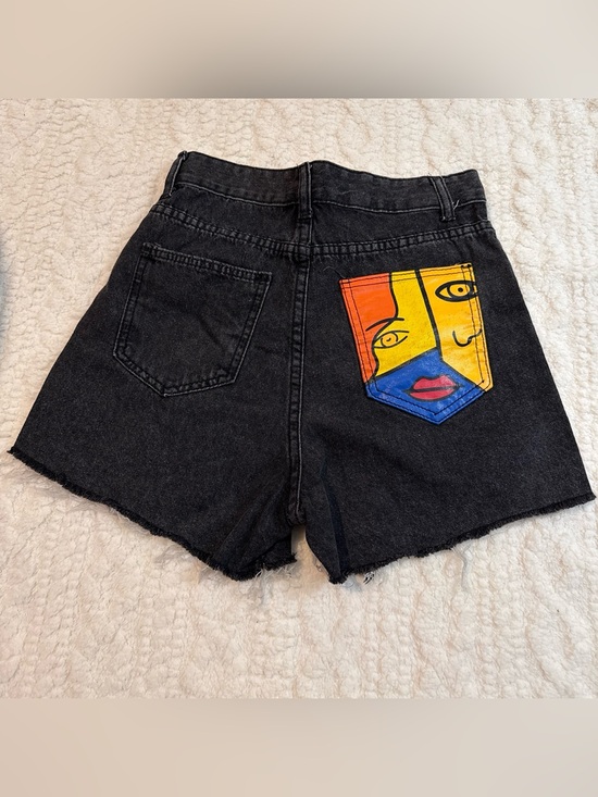 Pants - Black High-Waist Denim Shorts with Colorblock Face Patch